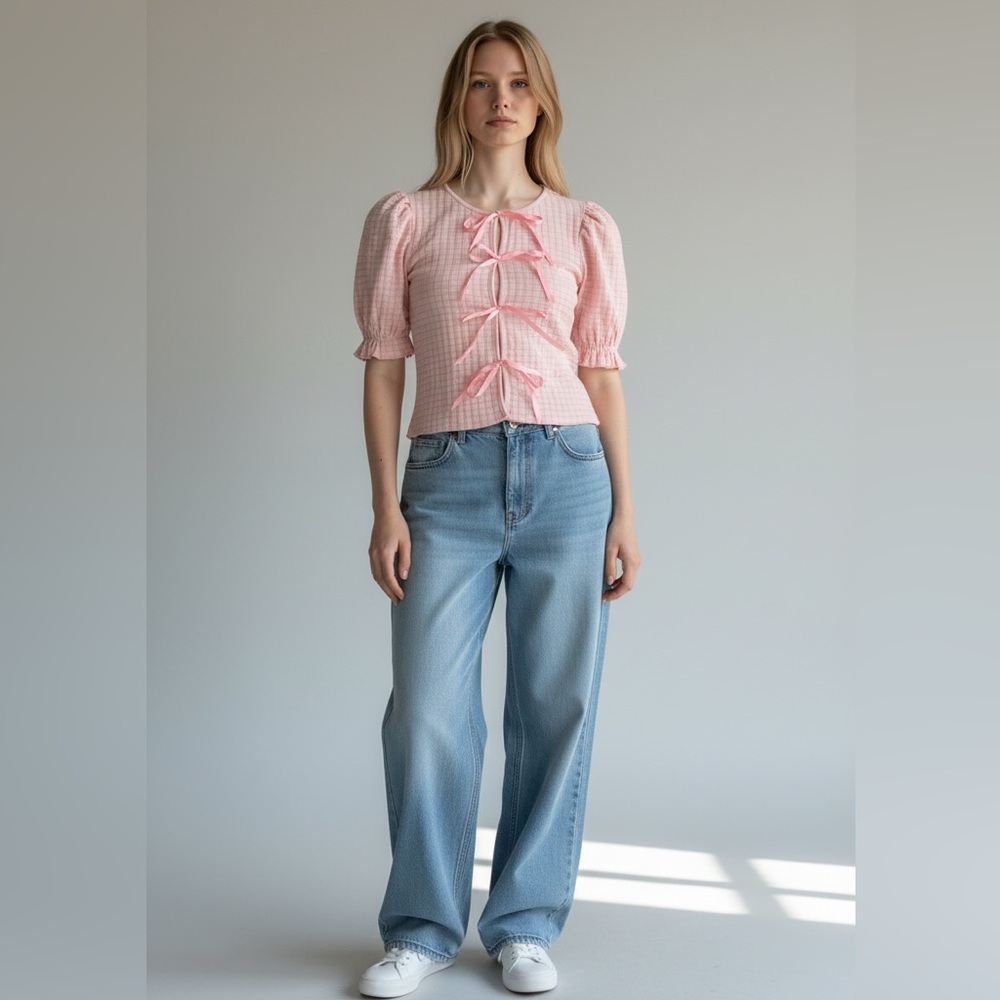 985. Gingham bow tie pufff sleeve knit top in pink